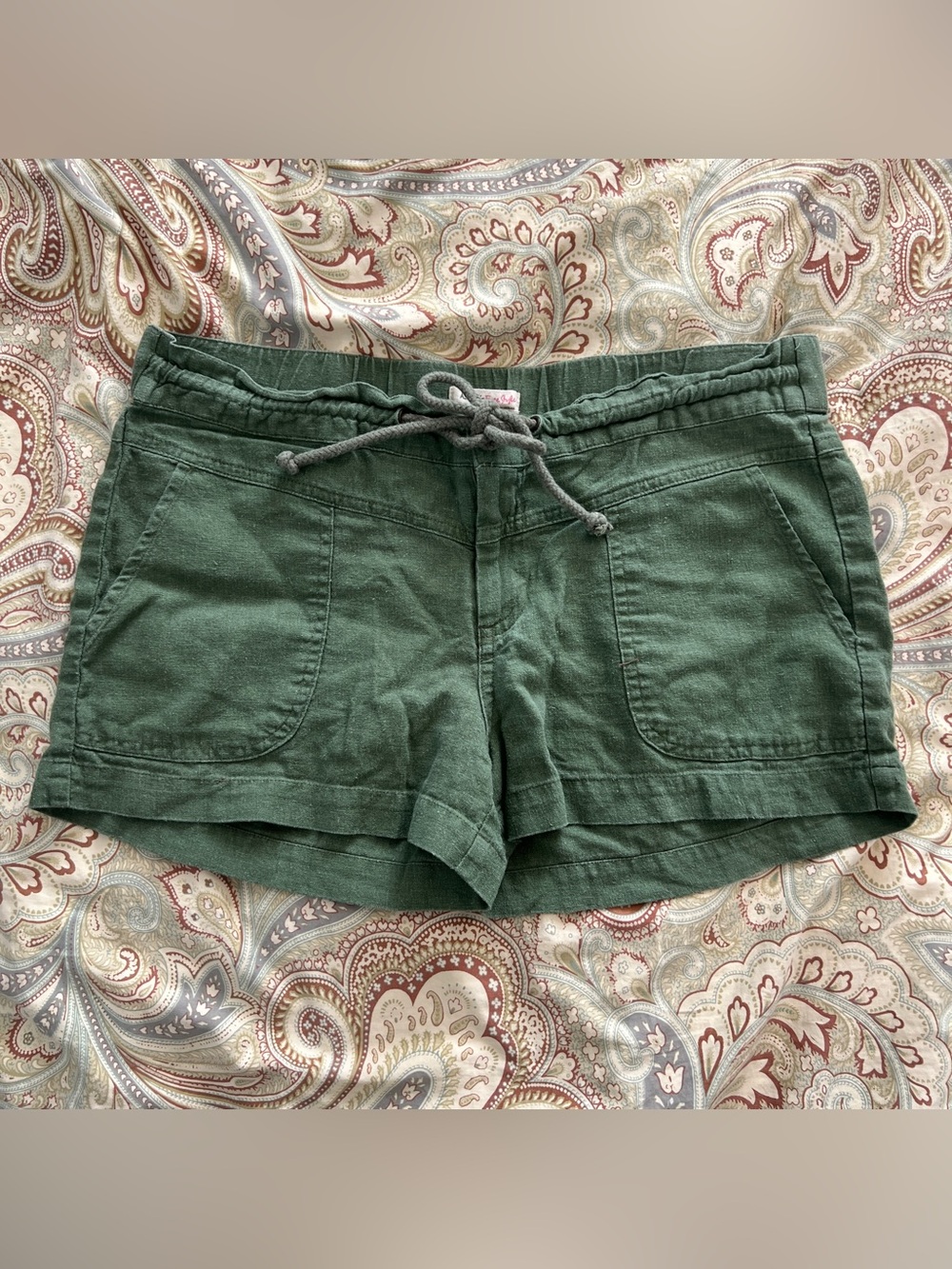 Ashley Free Style Olive Green Linen Blend Drawstring Pull-On‎ Shorts Large